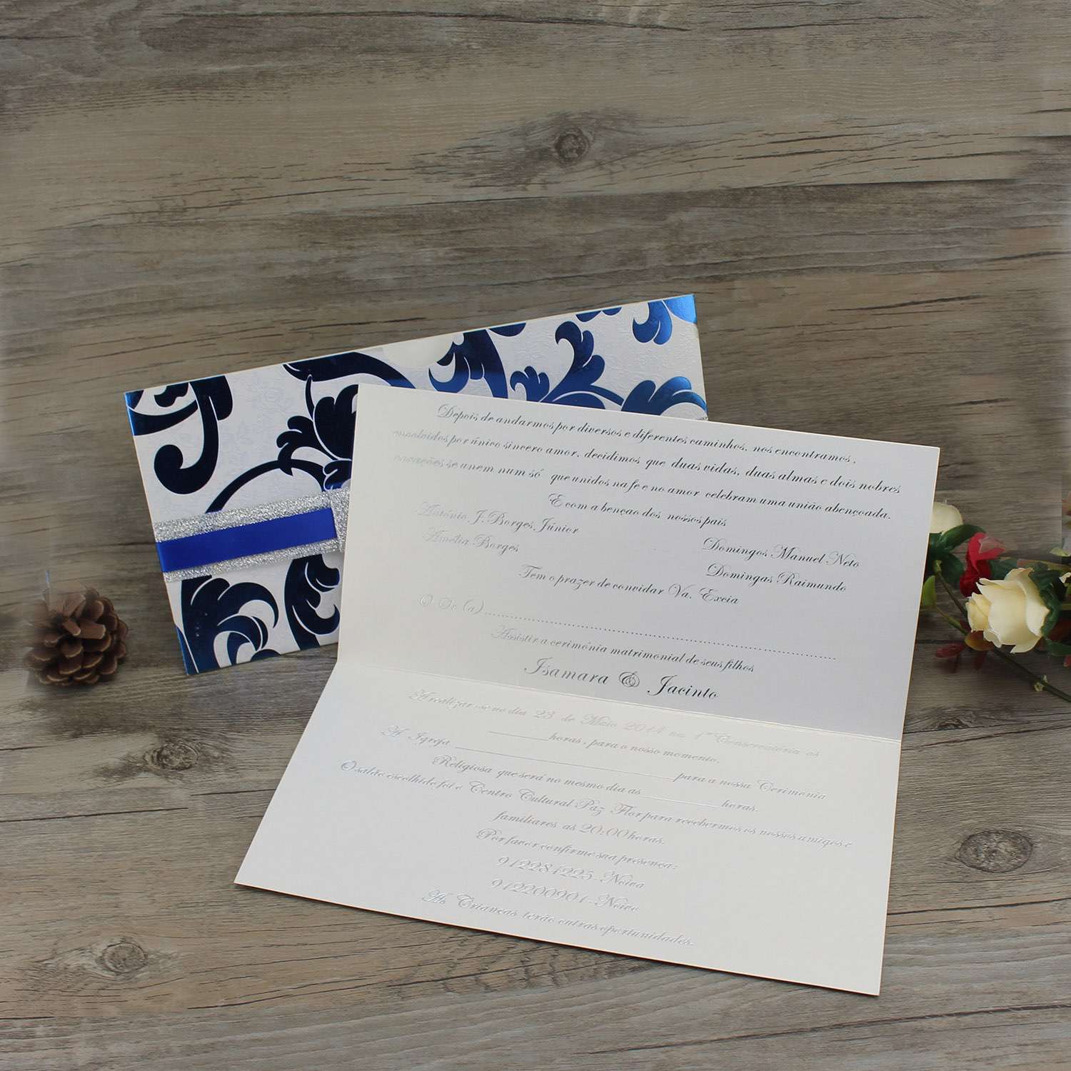 Half Fold Invitation Card with Blue Foiling Pocket Wedding Card with Glitter Paper Tape 